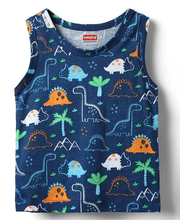 Babyhug 100% Cotton Single Jersey Knit Sleeveless Antibacterial Sando With Stripes Dino &  Star Print Pack Of 3 - Orange Light Blue & Navy Blue