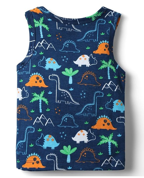 Babyhug 100% Cotton Single Jersey Knit Sleeveless Antibacterial Sando With Stripes Dino &  Star Print Pack Of 3 - Orange Light Blue & Navy Blue