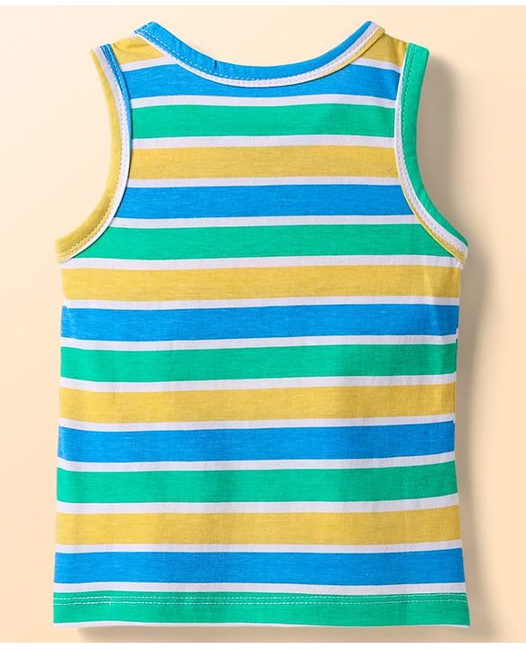 Babyhug 100% Cotton Antibacterial Sando With Stripes & Animal Print Pack Of 3 - Light Blue Yellow & Turquoise