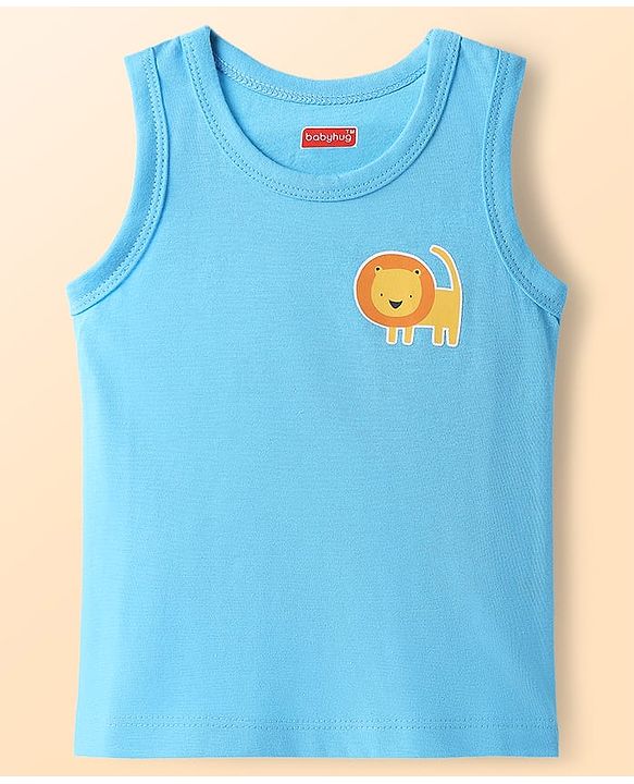 Babyhug 100% Cotton Antibacterial Sando With Stripes & Animal Print Pack Of 3 - Light Blue Yellow & Turquoise