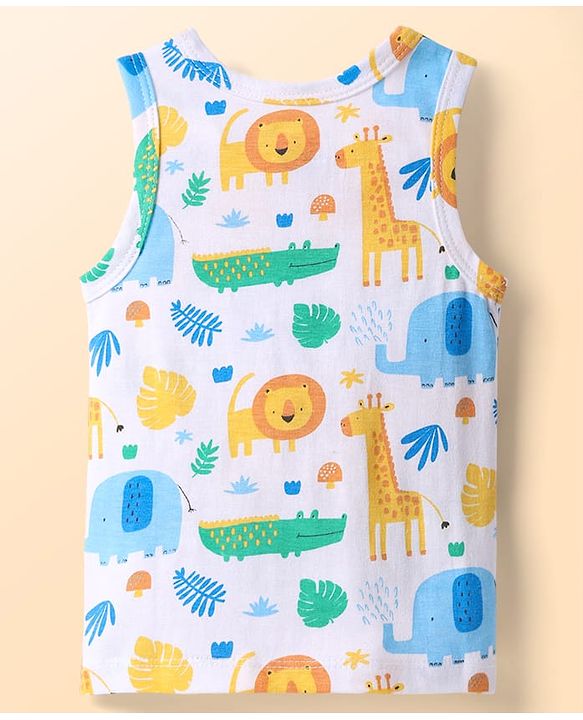 Babyhug 100% Cotton Antibacterial Sando With Stripes & Animal Print Pack Of 3 - Light Blue Yellow & Turquoise