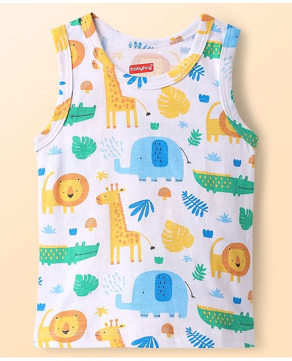 Babyhug 100% Cotton Antibacterial Sando With Stripes & Animal Print Pack Of 3 - Light Blue Yellow & Turquoise