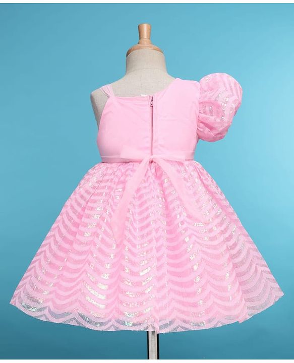 Babyhug Woven Half Sleeves Party Dress With Bow Corsage & Sequin Design- Pink