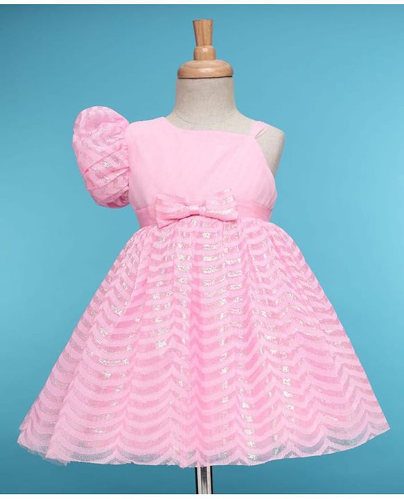 Babyhug Woven Half Sleeves Party Dress With Bow Corsage & Sequin Design- Pink