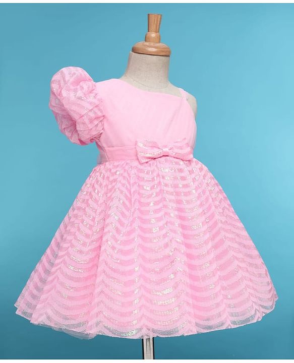Babyhug Woven Half Sleeves Party Dress With Bow Corsage & Sequin Design- Pink
