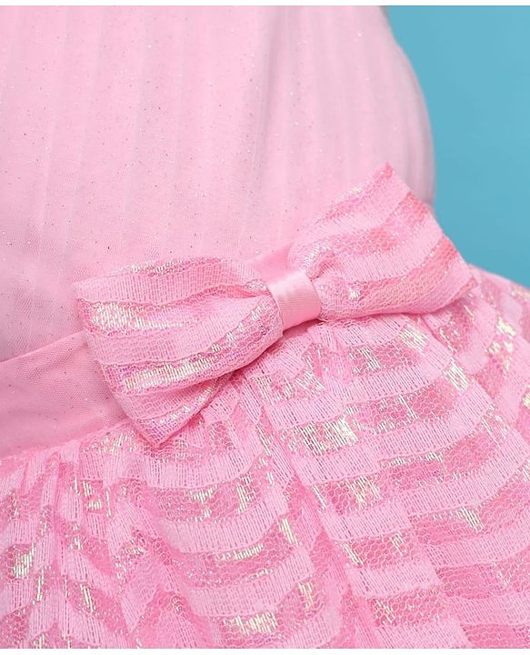 Babyhug Woven Half Sleeves Party Dress With Bow Corsage & Sequin Design- Pink