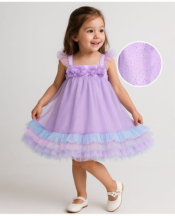 Babyhug Woven Sleeveless Ruffled Party Dress With Floral Corsage - Lavender