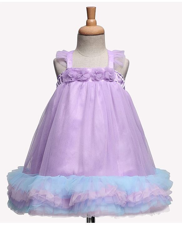 Babyhug Woven Sleeveless Ruffled Party Dress With Floral Corsage - Lavender