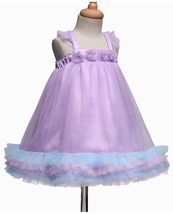Babyhug Woven Sleeveless Ruffled Party Dress With Floral Corsage - Lavender