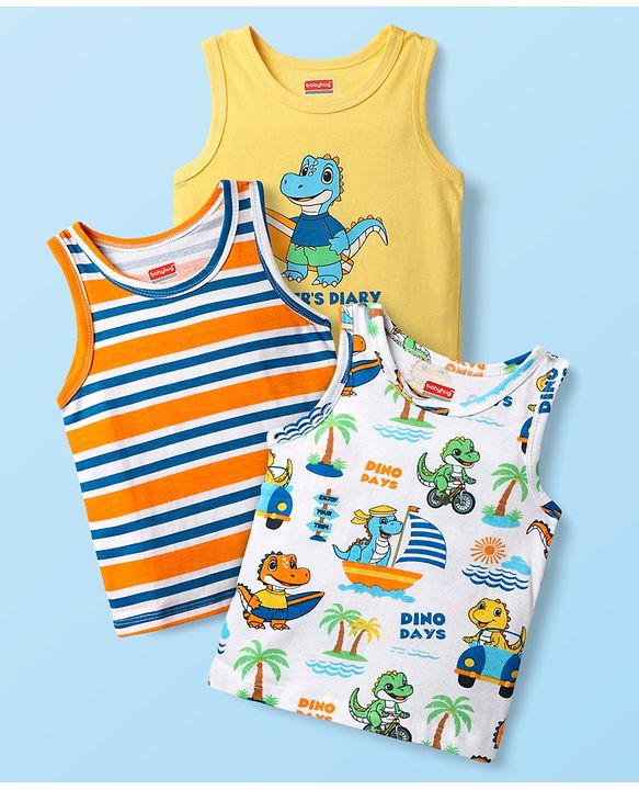 Babyhug 100% Cotton Antibacterial Sleeveless Vests With Stripes & Dino Print Pack Of 3 - Yellow Orange & White