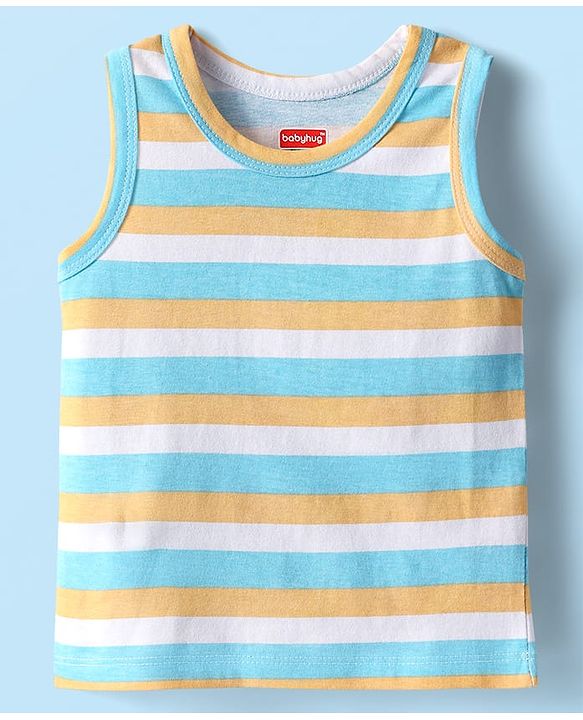 Babyhug 100% Cotton Antibacterial Sleeveless Sando With Stripes & Animal Print Pack Of 3 - Light Blue Orange & White