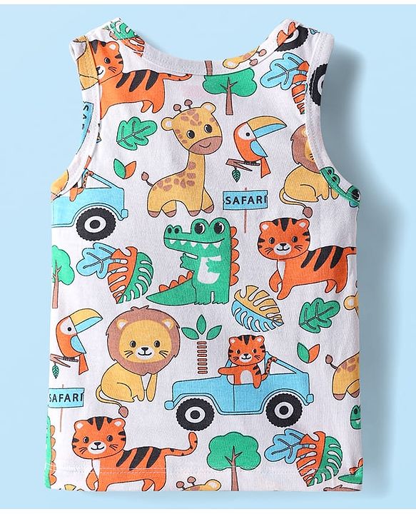 Babyhug 100% Cotton Antibacterial Sleeveless Sando With Stripes & Animal Print Pack Of 3 - Light Blue Orange & White