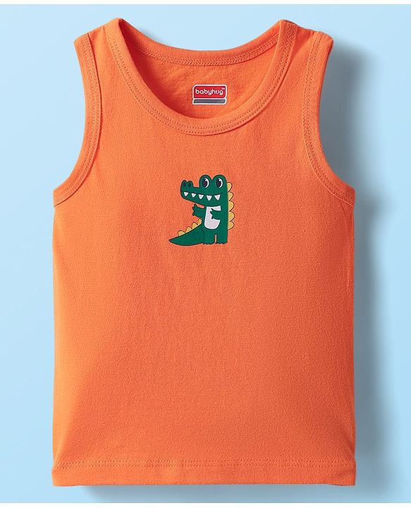 Babyhug 100% Cotton Antibacterial Sleeveless Sando With Stripes & Animal Print Pack Of 3 - Light Blue Orange & White