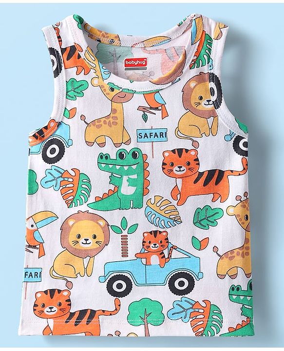 Babyhug 100% Cotton Antibacterial Sleeveless Sando With Stripes & Animal Print Pack Of 3 - Light Blue Orange & White