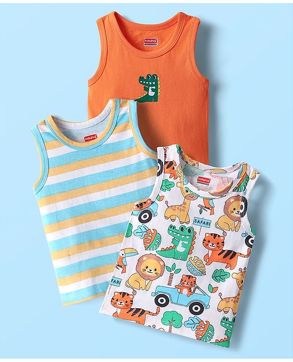 Babyhug 100% Cotton Antibacterial Sleeveless Sando With Stripes & Animal Print Pack Of 3 - Light Blue Orange & White