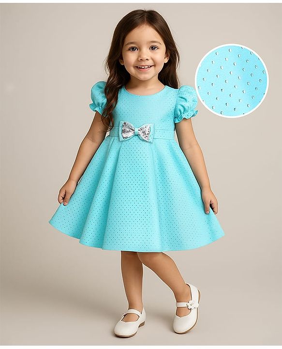 Babyhug Woven Sleeveless Printed Party Dress With Bow Applique - Light Blue