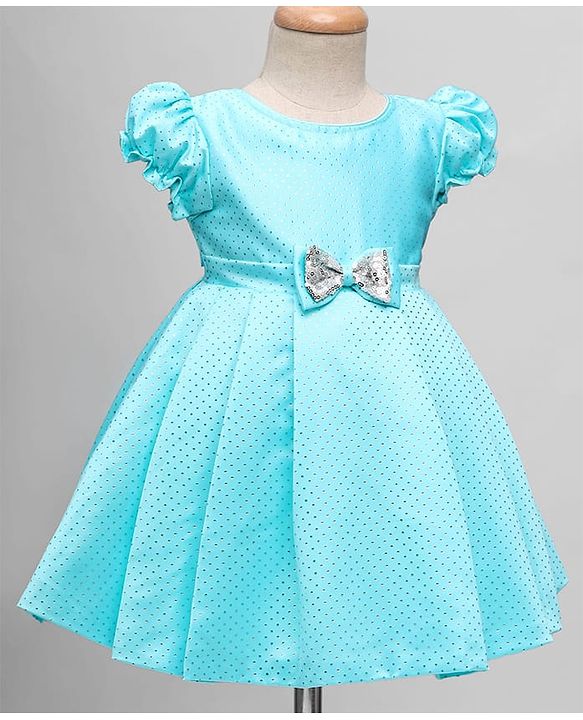 Babyhug Woven Sleeveless Printed Party Dress With Bow Applique - Light Blue