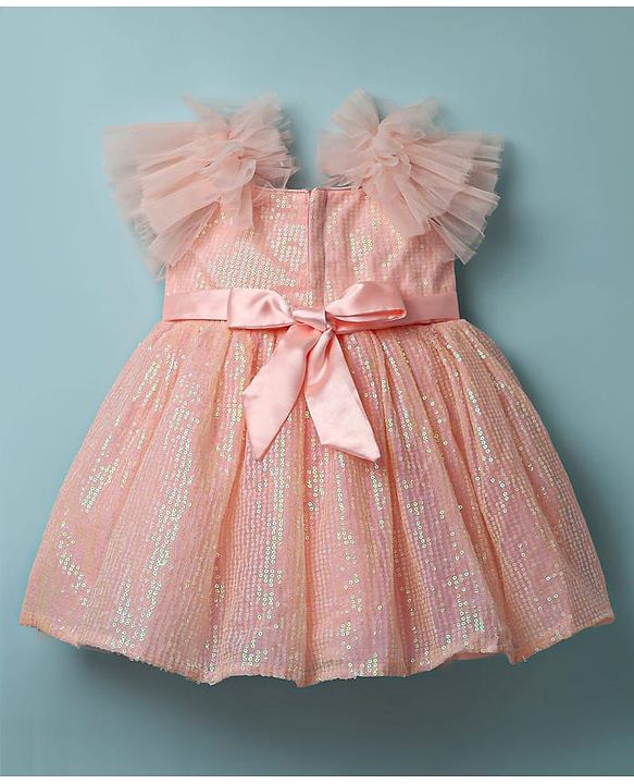 Babyhug Woven Sleeveless Party Dress With Sequin Detailing & Bow Applique - Peach