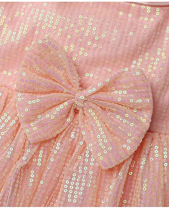 Babyhug Woven Sleeveless Party Dress With Sequin Detailing & Bow Applique - Peach
