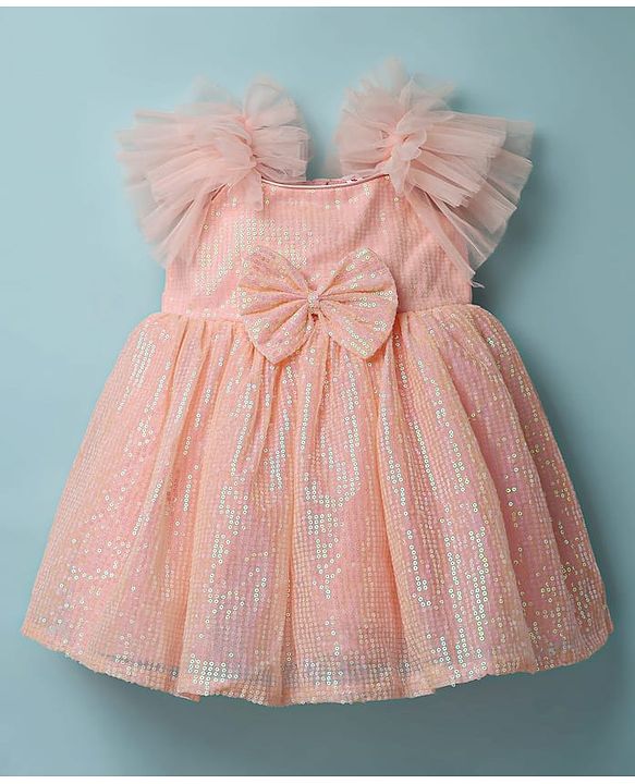 Babyhug Woven Sleeveless Party Dress With Sequin Detailing & Bow Applique - Peach