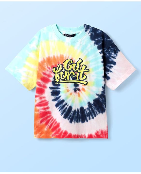 Pine Kids Single Jersey Knit Half Drop Shoulder Sleeves T-Shirt & Shorts Set With Tie & Dye Print - Multicolor & Navy Blue