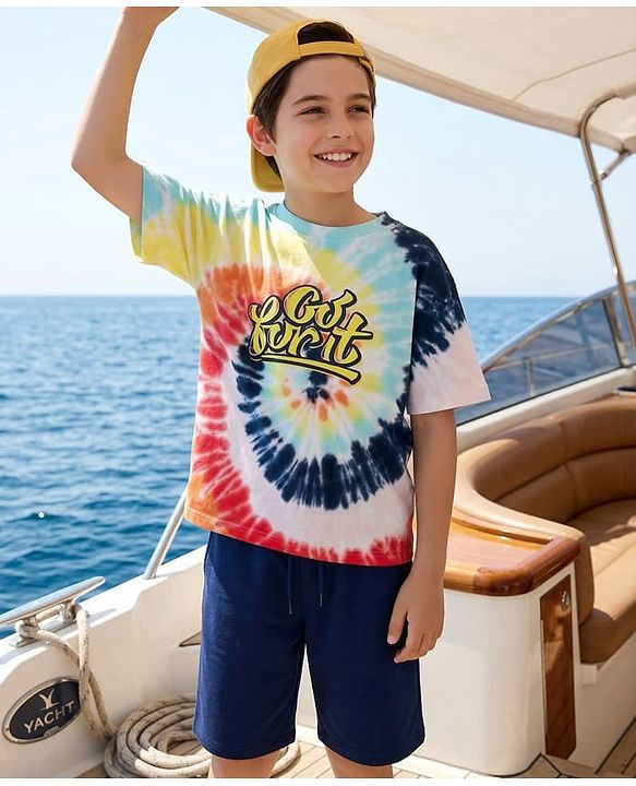 Pine Kids Single Jersey Knit Half Drop Shoulder Sleeves T-Shirt & Shorts Set With Tie & Dye Print - Multicolor & Navy Blue