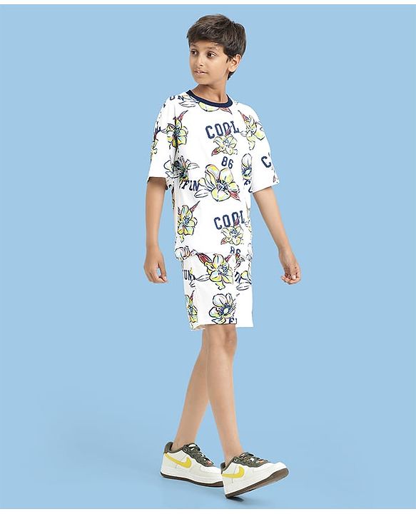 Pine Kids 100% Cotton Knit Half Sleeves Floral Printed T-Shirts & Shorts Set - White