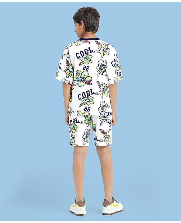 Pine Kids 100% Cotton Knit Half Sleeves Floral Printed T-Shirts & Shorts Set - White