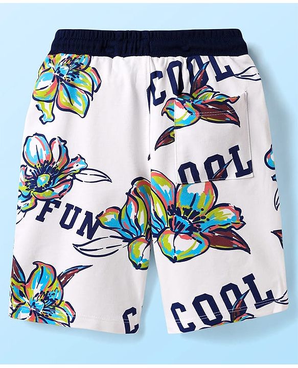 Pine Kids 100% Cotton Knit Half Sleeves Floral Printed T-Shirts & Shorts Set - White