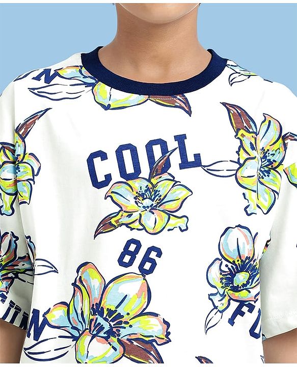 Pine Kids 100% Cotton Knit Half Sleeves Floral Printed T-Shirts & Shorts Set - White