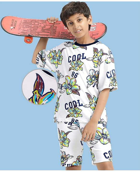 Pine Kids 100% Cotton Knit Half Sleeves Floral Printed T-Shirts & Shorts Set - White