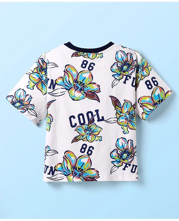 Pine Kids 100% Cotton Knit Half Sleeves Floral Printed T-Shirts & Shorts Set - White
