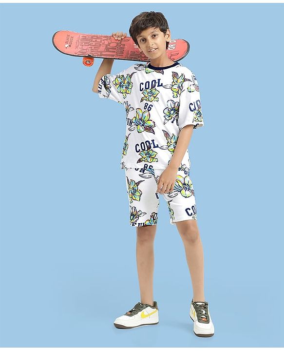 Pine Kids 100% Cotton Knit Half Sleeves Floral Printed T-Shirts & Shorts Set - White