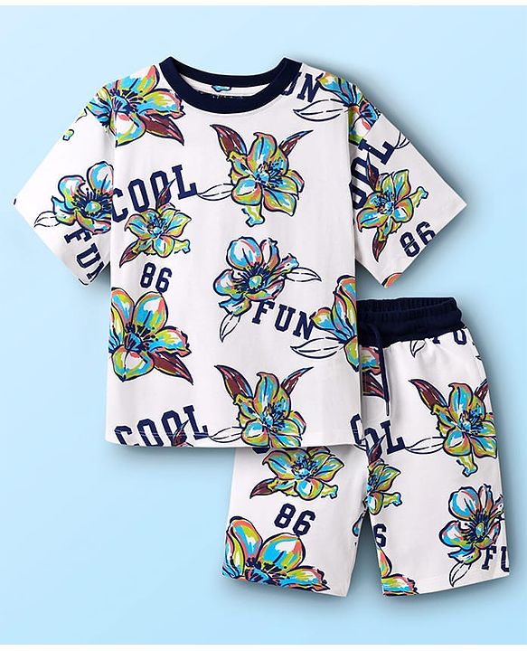 Pine Kids 100% Cotton Knit Half Sleeves Floral Printed T-Shirts & Shorts Set - White