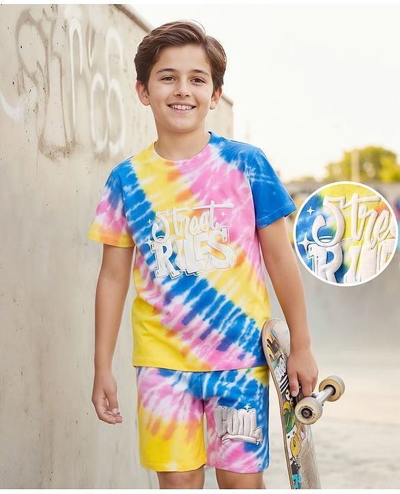 Pine Kids Single Jersey Knit Half Sleeves T-Shirt & Shorts Co-Ord Set With Text & Tie & Dye Print - Multicolor