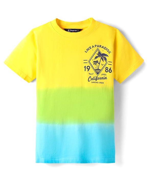 Pine Kids 100% Cotton Knit Half Sleeves Beach Theme Printed Ombre T-Shirts & Shorts Set - Yellow Light green & Blue