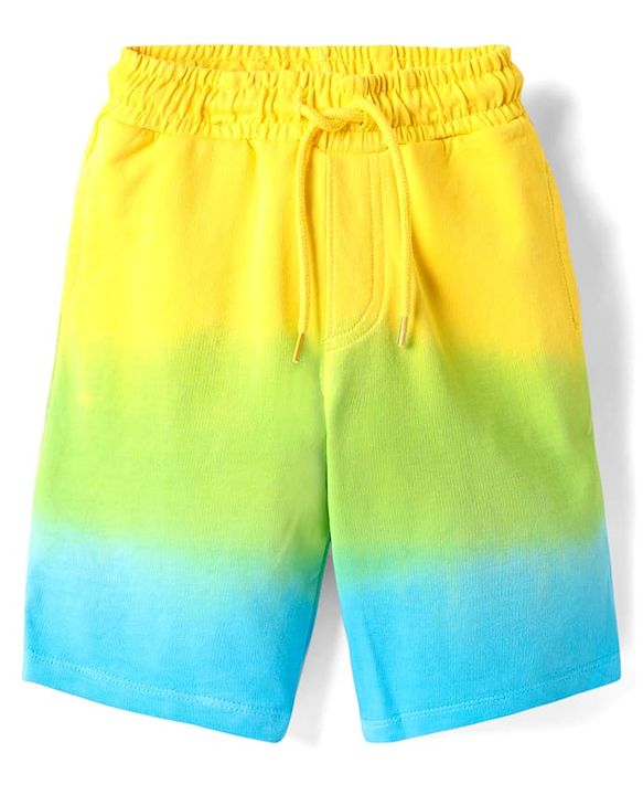 Pine Kids 100% Cotton Knit Half Sleeves Beach Theme Printed Ombre T-Shirts & Shorts Set - Yellow Light green & Blue