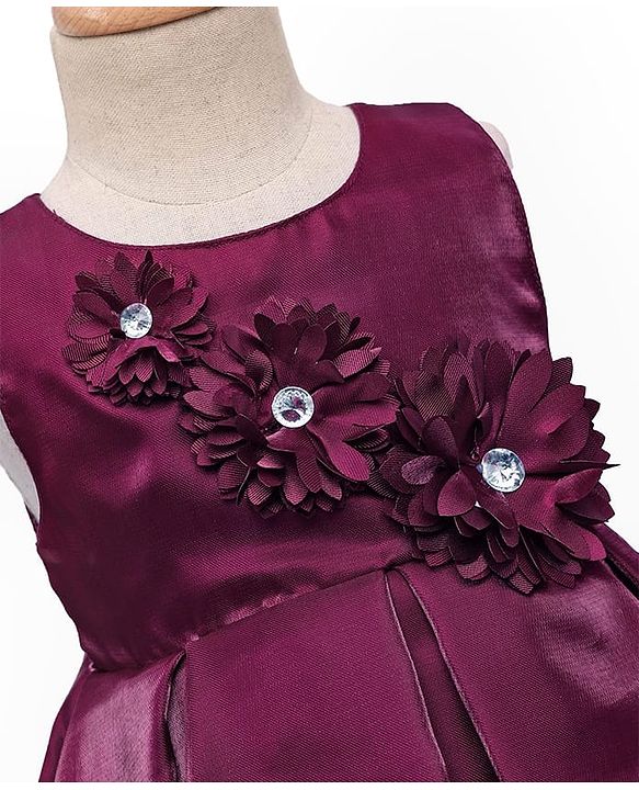 Babyhug Woven Sleeveless Pleated Party Dress With Floral Corsage - Wine