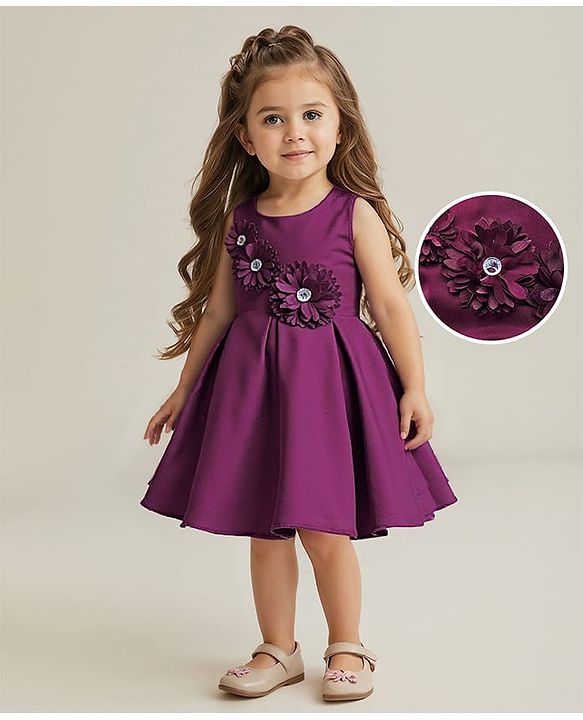 Babyhug Woven Sleeveless Pleated Party Dress With Floral Corsage - Wine