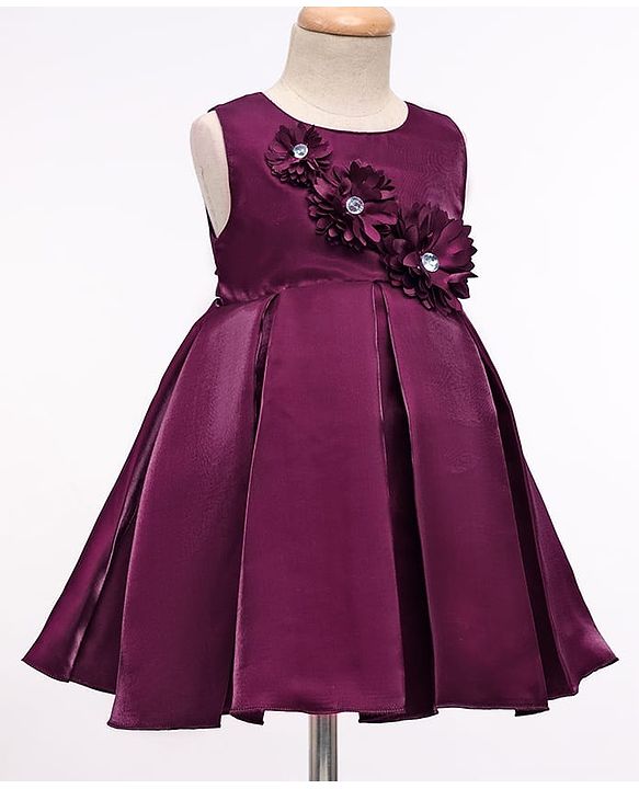 Babyhug Woven Sleeveless Pleated Party Dress With Floral Corsage - Wine