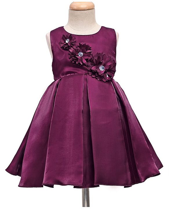 Babyhug Woven Sleeveless Pleated Party Dress With Floral Corsage - Wine