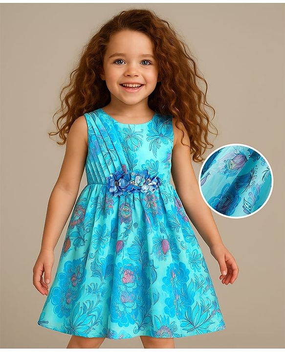Babyhug Woven Sleeveless Party Frock with Floral Print & Floral Applique - Light Blue