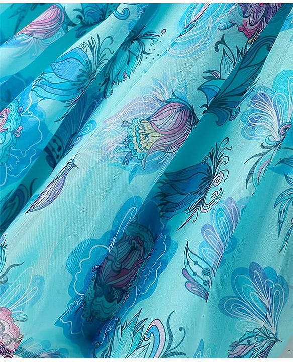 Babyhug Woven Sleeveless Party Frock with Floral Print & Floral Applique - Light Blue