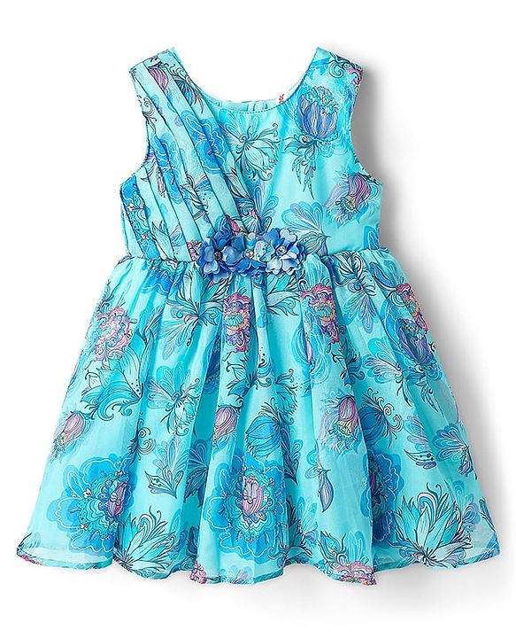 Babyhug Woven Sleeveless Party Frock with Floral Print & Floral Applique - Light Blue