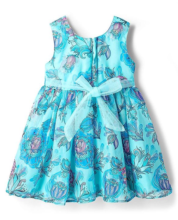 Babyhug Woven Sleeveless Party Frock with Floral Print & Floral Applique - Light Blue