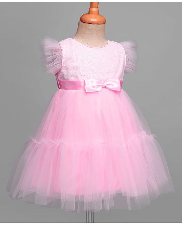 Babyhug 5 Layered Sleeveless Partywear Mesh Dress With Sequinned Yoke & Bow Applique With Cotton Lining - Light Pink