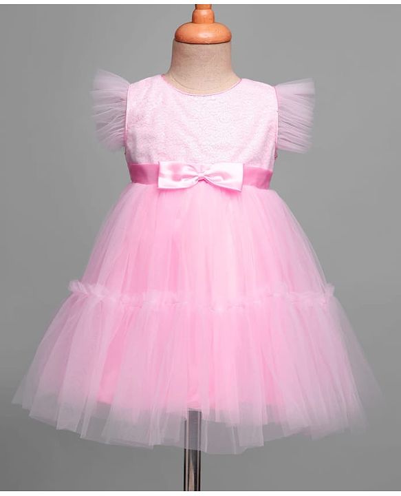 Babyhug 5 Layered Sleeveless Partywear Mesh Dress With Sequinned Yoke & Bow Applique With Cotton Lining - Light Pink