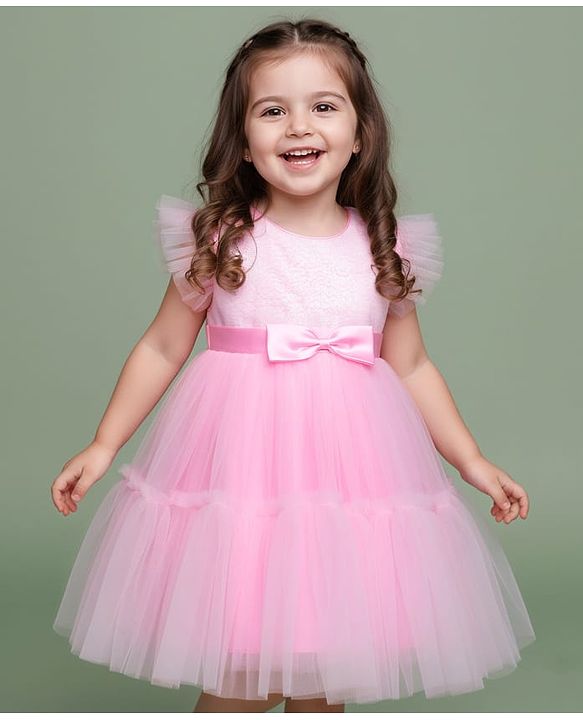 Babyhug 5 Layered Sleeveless Partywear Mesh Dress With Sequinned Yoke & Bow Applique With Cotton Lining - Light Pink