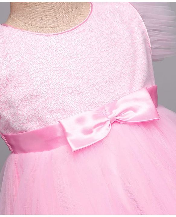 Babyhug 5 Layered Sleeveless Partywear Mesh Dress With Sequinned Yoke & Bow Applique With Cotton Lining - Light Pink
