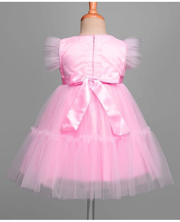 Babyhug 5 Layered Sleeveless Partywear Mesh Dress With Sequinned Yoke & Bow Applique With Cotton Lining - Light Pink